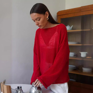 Maglietta autunnale a maniche lunghe con tromba da donna, maglione <span class=keywords><strong>trasparente</strong></span>, maglione da donna, pullover a <span class=keywords><strong>maglia</strong></span> sottile Oversize - Product Image 2