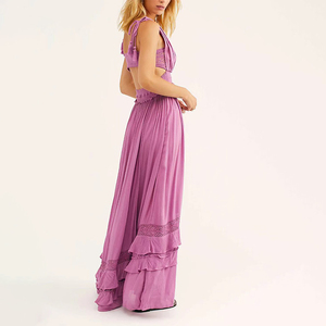 Vestido de lino con cuello en V y corte en A, diseño personalizado ODM, elegante vestido maxi con inserciones de encaje estampado, vestido informal de verano sin espalda de algodón crepé para mujer. - Product Image 3