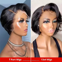 Perruque Lace Front Courte 13*4 en Cheveux Remy Naturels Noirs 12A de 6 Pouces, Couleur Naturelle, Lisse, pour Femmes, Idéale pour les Coupes Pixie