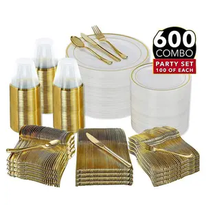 600 pieces gold rimmed disposable plastic dinnerware sets - fork spoon knife cup for weeding party charger plates