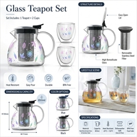 Ensemble théière moderne en verre transparent avec tasses à double paroi anti-brûlure, compatible cuisinière, en borosilicate, pour la préparation du thé