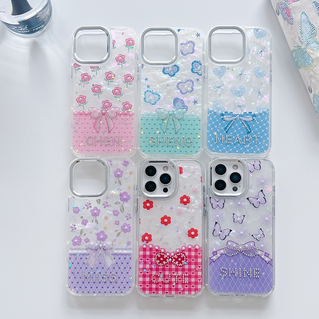 Two-in-one crystal shell pattern mobile phone case for iPhone 17 16 promax pearl diamond bow flower pattern