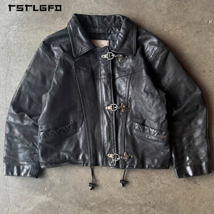 Vestes en <span class=keywords><strong>cuir</strong></span> pour hommes, style motard, avec fermeture éclair personnalisée, boucle de pompier, fermoir à homard, cire noire, <span class=keywords><strong>simili</strong></span> <span class=keywords><strong>cuir</strong></span> - Product Image 2