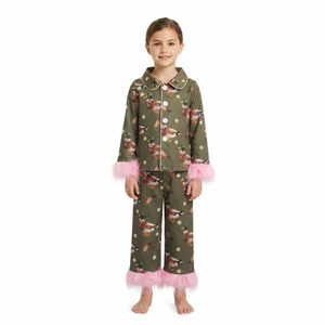 Conjunto de Pijama para Niñas Longlv con Estampado de Patos, Pantalones sin Mangas, Ribete de Plumas Rosadas, Cómodo, Diseño Animal, Ecológico, Spandex/Poliéster - Product Image 2