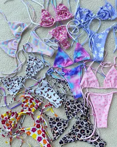 Oem Floral Print Beachwear Sexy Hot Girl Thong Bikini Micro Two Piece Swimsuit Women Swimwear