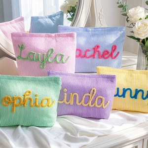 Custom Embroidered Cosmetic Bag Striped <b>Makeup</b> Pouch Name Initial toiletry <b>Case</b> Travel Organizer - Product Image 2