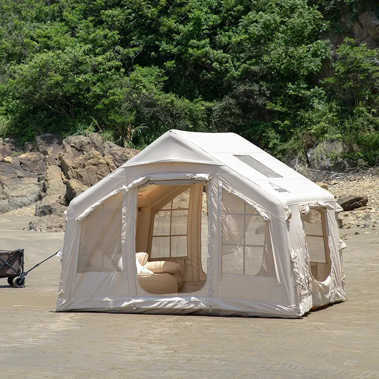 Tenda udara Kemah luar ruangan keluarga, tenda pondok tiup kain katun untuk petualangan