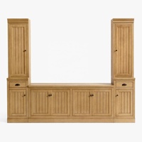Farmhouse Oak Entertainment Center dengan Pintu Beadboard, Rak TV dengan Lemari Buku & Laci Samping, Konsol Media dengan Perangkat Keras Hitam