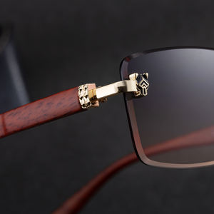 Lunettes de soleil Partagas Wholesale Retro Designer avec logo personnalisé, tête de léopard, couleurs grain de bois, sans monture, UV400, pour hommes - Product Image 3