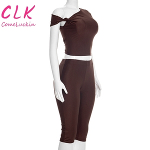 Nuovo Completo Estivo da <span class=keywords><strong>Donna</strong></span> Due Pezzi, Top Asimmetrico e Pantaloni in Tinta Unita, Outfit <span class=keywords><strong>Sexy</strong></span> - Product Image 4