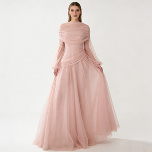 Abiti da Donna <span class=keywords><strong>Rosa</strong></span> con Collo Alto, Maniche Lunghe Trasparenti Arricciate, Vita Stretta, Vestiti Lunghi Formali da Sera e Festa - Product Image 2