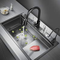 Grand évier de cuisine en acier inoxydable, poste de travail haut-bas avec porte-couteau séparateur de cuisine, panneau de vidange de robinet de levage