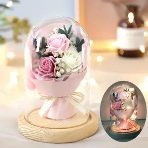 Bouquet de roses en savon sous cloche en <span class=keywords><strong>verre</strong></span>, fleurs et couronnes décoratives durables pour la fête des mères, 2 pièces, cadeau créatif pour la Saint-Valentin, fleurs séchées - Product Image 1