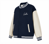 Veste de baseball unisexe décontractée, style varsity, bleu marine et beige, avec broderies et col rayé