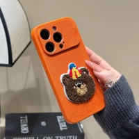 Coque de téléphone antichoc en cuir orange avec ours en peluche et motif vague, mignonne, pour chiot, compatible iPhone 16 15 14 Pro Max 17air