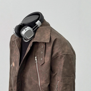 Blouson Bomber <span class=keywords><strong>Homme</strong></span> en Cuir Marron Coupe Ample Tendance Automne avec Col Revers et Fermeture Éclair Style Motard Vintage Américain - Product Image 5
