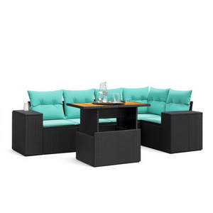 6 Piece Black Poly Rattan Patio <b>Sofa</b> <b>Set</b> With Cushions Outdoor Garden Furniture Waterproof Contemporary Design - Product Image 1