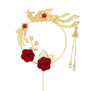 Chinese Style Metal Cake Topper Phoenix Design Red Roses Wedding Decoration Circle Shape Handmade - Product Image 4