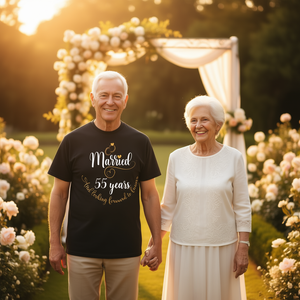 Camiseta para adultos unisex de manga corta con cuello redondo y estampado digital, regalo de boda, para parejas que ya viven 55 años juntos y se esperan por siempre. - Product Image 3