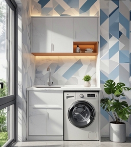 Armoires de blanchisserie minimalistes de haute qualité, armoires de rangement pour buanderie autoportantes, armoires d'évier avec machine à laver - Product Image 6