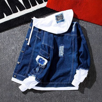 Nouvelle veste en jean streetwear tendance pour homme, décontractée, ample, à capuche, déchirée, effet patchwork, faux deux pièces