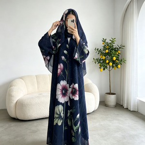 Conjunto de Abaya con Estampado Floral para el Ramadán y el Eid, Vestido Musulmán para Mujer, Kimono Abierto de Chifón con Hiyab, Venta al Por Mayor - Product Image 1
