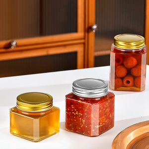 Vente en Gros 250 380 500 Grammes Grand Carré <span class=keywords><strong>Miel</strong></span> à Large Bouche Confiture Alimentaire Bocal de Stockage en Verre Avec Couvercles en Or - Product Image 4