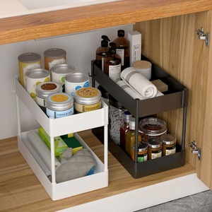 Organisateur de placard coulissant à 2 niveaux, étagère de rangement <span class=keywords><strong>sous</strong></span> évier pour salle de bain et cuisine avec crochets - Product Image 1