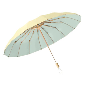 Parapluie pliant de haute qualité à 16 baleines en bois massif et aluminium, avec poignée en plastique coloré, double usage (soleil et pluie), pour femme, idéal comme cadeau d'affaires - Product Image 5