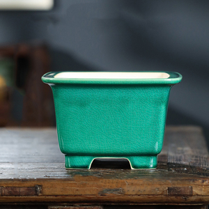 Maceta de Cerámica Esmaltada para Bonsái, Cuadrada, Rectangular, Verde con Efecto Craquelado, para Escritorio - Product Image 1