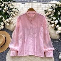 Chemisiers élégants pour femmes à manches longues brodés de fleurs, col en dentelle, boutonnés, pour le printemps, l'automne, les occasions décontractées et le quotidien