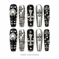 Faux ongles à presser Chrome Croix Gothique, aspect métallique, longs, couvrants, avec colle, design personnalisé