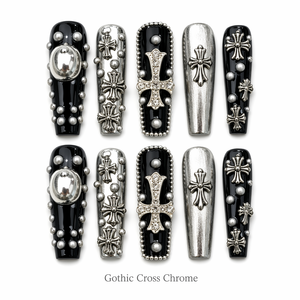 Faux ongles à presser Chrome Croix Gothique, aspect métallique, longs, couvrants, avec colle, design personnalisé - Product Image 1