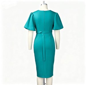 Novo Vestido Midi Feminino de Verão com Decote em V, Liso, Modelo Africano Elegante com Fenda Aberta e Manga Bufante Curta, Ideal para o Escritório - Product Image 5