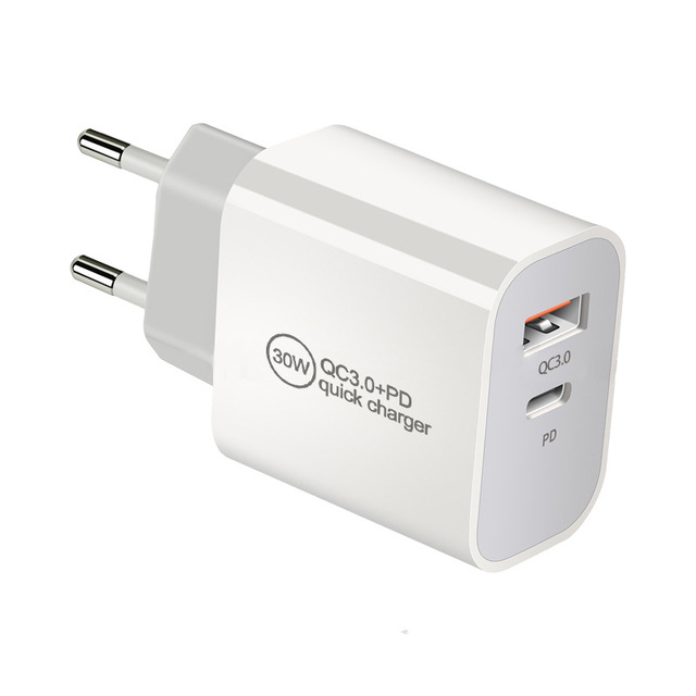 PD 30W Charger, OEM Custom 30W PD+QC3.0 Dual Port USB Type-C Fast Charging Wall Charger