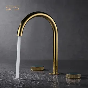 A2066 Fancy White And Gold Luxury 3 Holes Brass Bathroom Water Tap Mixer Faucet Widespread 3 Hole Sink Faucet Deck Mounted