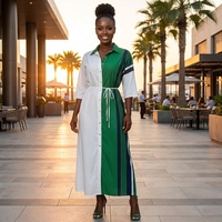 Nouvelle Robe Décontractée Femme 2026 à Rayures Verticales Rose et Blanches, Col en V, Manches Courtes, Ceinture Ajustable, Coupe Ample, Style Boubou Caftan Imprimé Africain