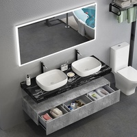 Meuble-lavabo de salle de bain à double vasque avec dessus en marbre noir imperméable de 60 pouces