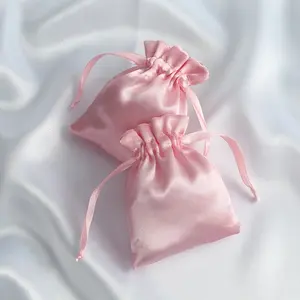 Custom Logo Gift Silk Stain Drawstring Bag with Ribbon for Jewelry Hair Travel Diamond Bead Ring Makeup Gift Packaging Pouch