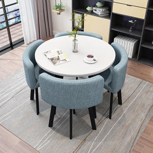 Pour petit espace 5 pièces Table à manger <span class=keywords><strong>ronde</strong></span> et chaises en tissu de lin ensemble moderne pour la maison Restaurant Table à manger en <span class=keywords><strong>bois</strong></span> ensemble 4 chaises - Product Image 2