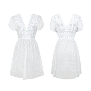 ชุดนอนแขนสั้นบางเฉียบสไตล์ใหม่สำหรับผู้หญิง ชุดนอนเซ็กซี่แบบซีทรูคอวี - Product Image 6