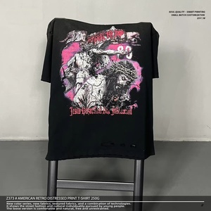 T-shirt unisexe vintage américain rétro en coton 100% 250g, imprimé Jésus noir, streetwear, effet délavé à l'acide - Product Image 1