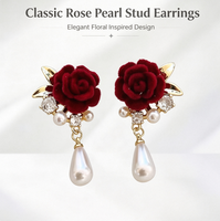 Anting Gantung Kristal Mutiara Imitasi Bunga Mawar Beludru Paduan Seng, Perhiasan Pesta Pernikahan Romantis Vintage, Hadiah untuk Wanita