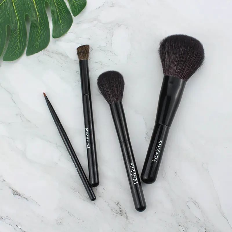 4 pure black luxury animal hair cosmetic brush set wholesale wood handle self owned brand foundation make-up cosmetic brush