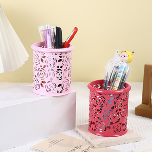 <b>Large</b> Hollowed Out Rose Pen Holder Round Iron Art Multi Functional Office <b>Desk</b> Organizer Storage Container - Product Image 1