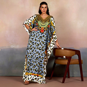 Wholesale Women's Turkish Style <b>Kaftan</b> Polyester Handmade Short Sleeve Batwing V-Neck Regular Fit Flared Hem Midi Dress - Product Image 1