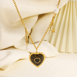 สร้อยคอสแตนเลส จี้รูปหัวใจ ชุบทอง 18k ประดับมุก สไตล์วินเทจ ของขวัญเครื่องประดับ - Product Image 2