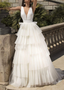 Vestidos de Noche Elegantes de Alta Calidad con Escote en V y Volantes en Línea <span class=keywords><strong>A</strong></span>, Diseño de Vestidos de Fiesta con Capas - Product Image 5