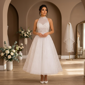 Robe de mariée vintage élégante en satin perlé, coupe trapèze, décolleté sans bretelles, longueur ras du sol, en tulle, taille naturelle, broderie de cristaux, fermeture éclair - Product Image 1