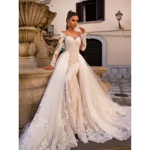 2020 Vintage Spitze Brautkleid mit abnehmbarem Zug 2 in 1 Langarm Brautkleider für die Hochzeit